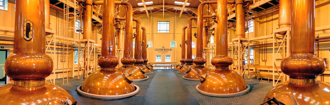 Copper stills in a distillery production hall