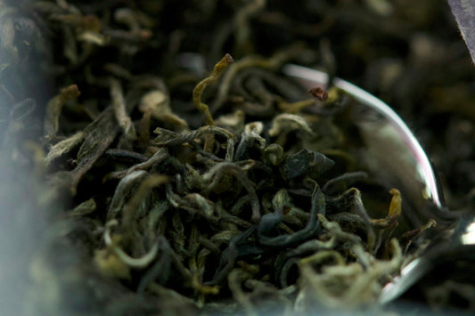 Close-up of dried green tea leaves